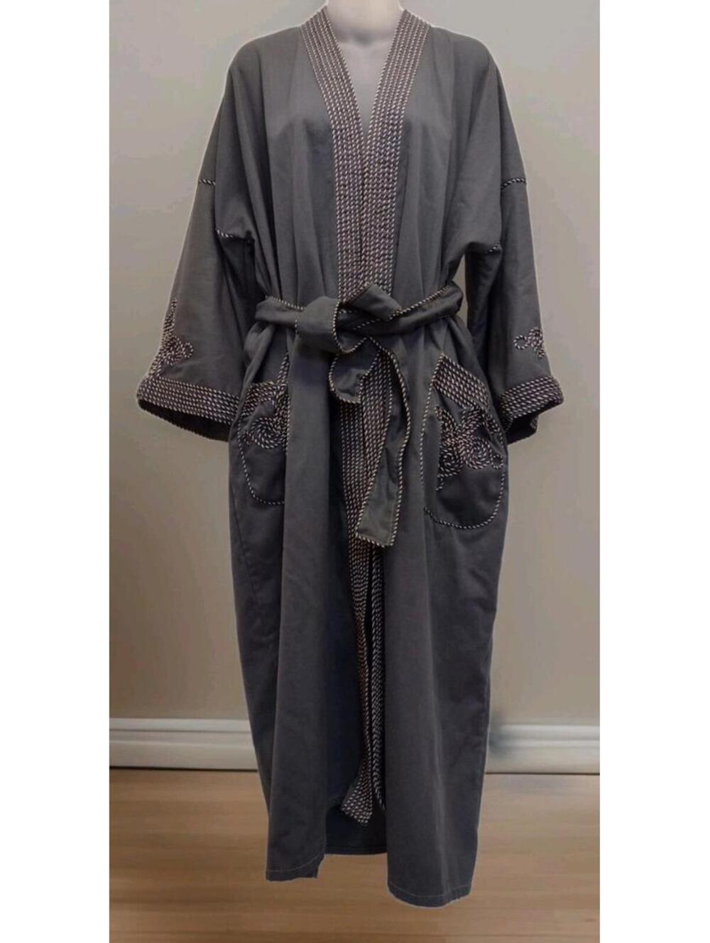 Vintage Slate Blue Cotton Robe w/ Corded Trim Unisex XL Art To Wear